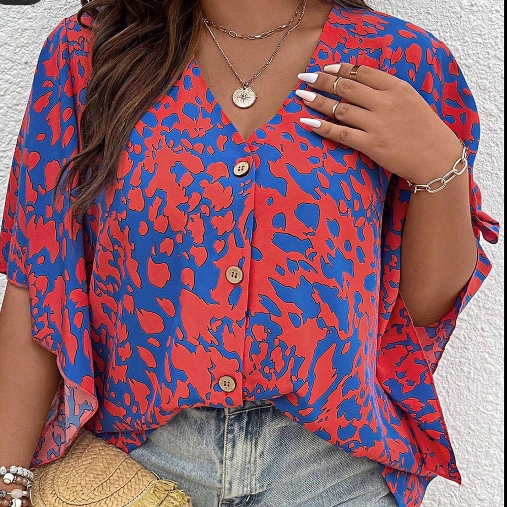SHEIN curve 1xl abstract print button up flutter sleeve blouse